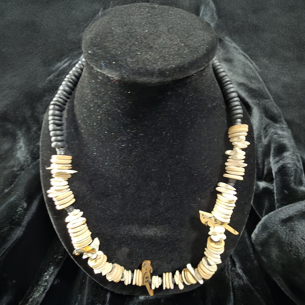 Black and Tan With Birds Wood Beaded Necklace